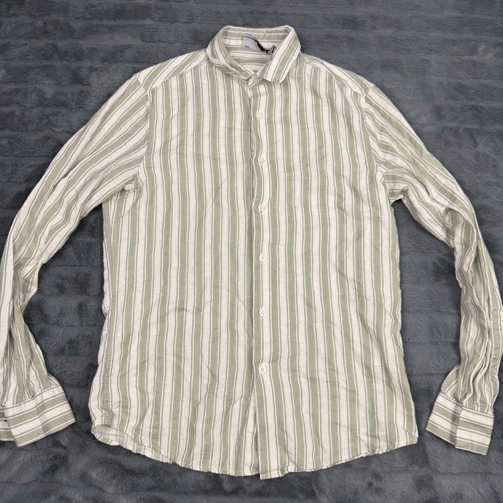 ASOS DESIGN Mens Sage Green White Striped Linen Cotton Shirt Small 114880363